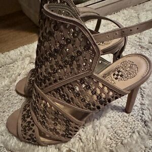 Vince Camuto Korthina Embellished Cage Leather Grey Stiletto Sandal Size 11M